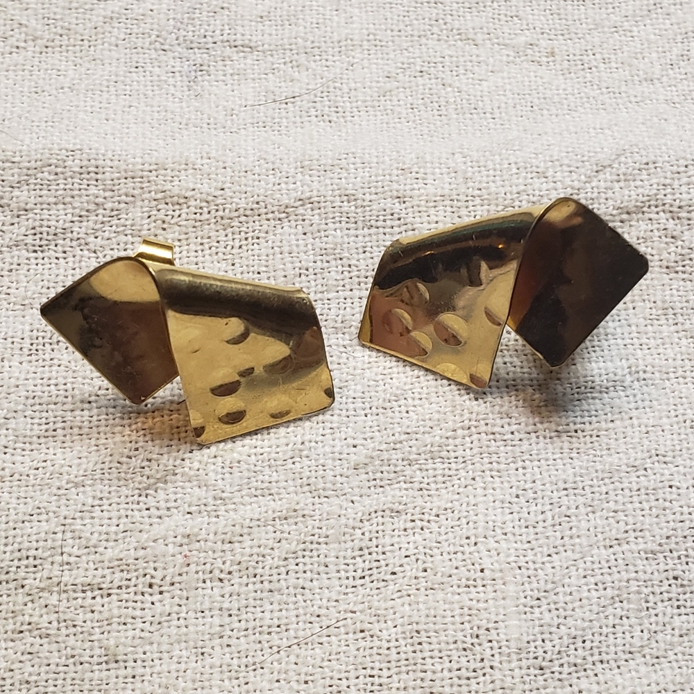 Vintage 12K GF  P Plated Hammered And Folded Metal Pierced Earring Studs